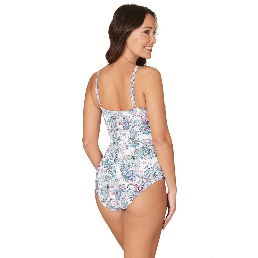 Nip Tuck Swim Louise One Piece Swimsuit Size 6 White Paisley Tummy Control‎ EUC